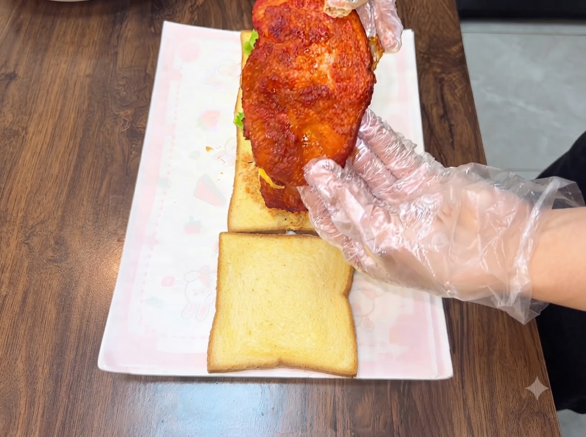Ręka w rękawiczce trzymająca i pozycjonująca drugi smażony kotlet z kurczaka nad warstwami kanapki.