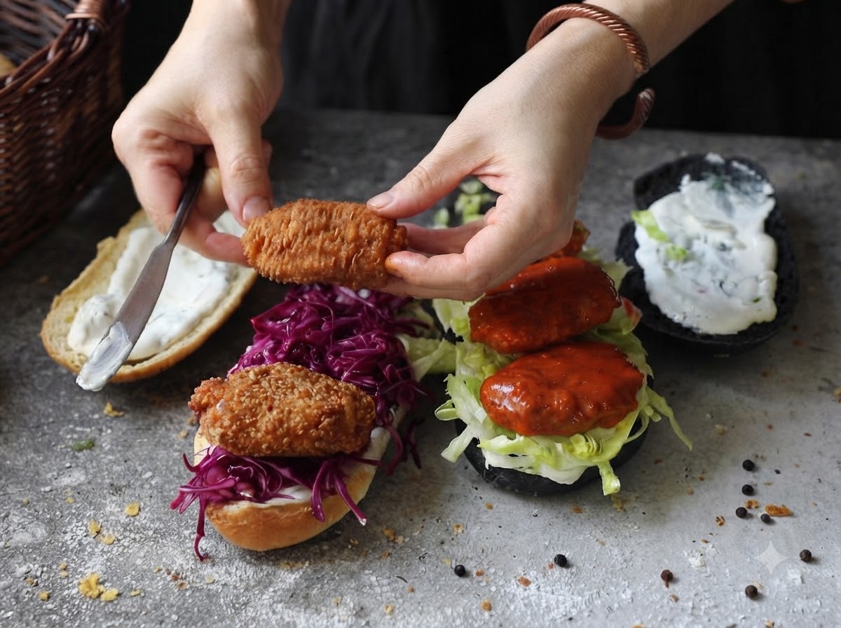 Ręce umieszczające kotlet z kurczaka w sosie buffalo na kanapce wypełnionej czerwoną kapustą i sałatą.