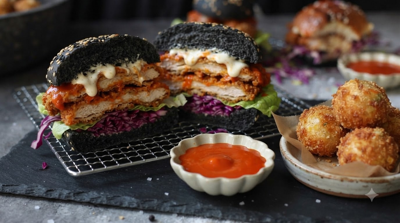 Chrupiący Kanapkowy Burger z Kurczakiem w Sosie Buffalo i Serowymi Kulkami Ziemniaczanymi