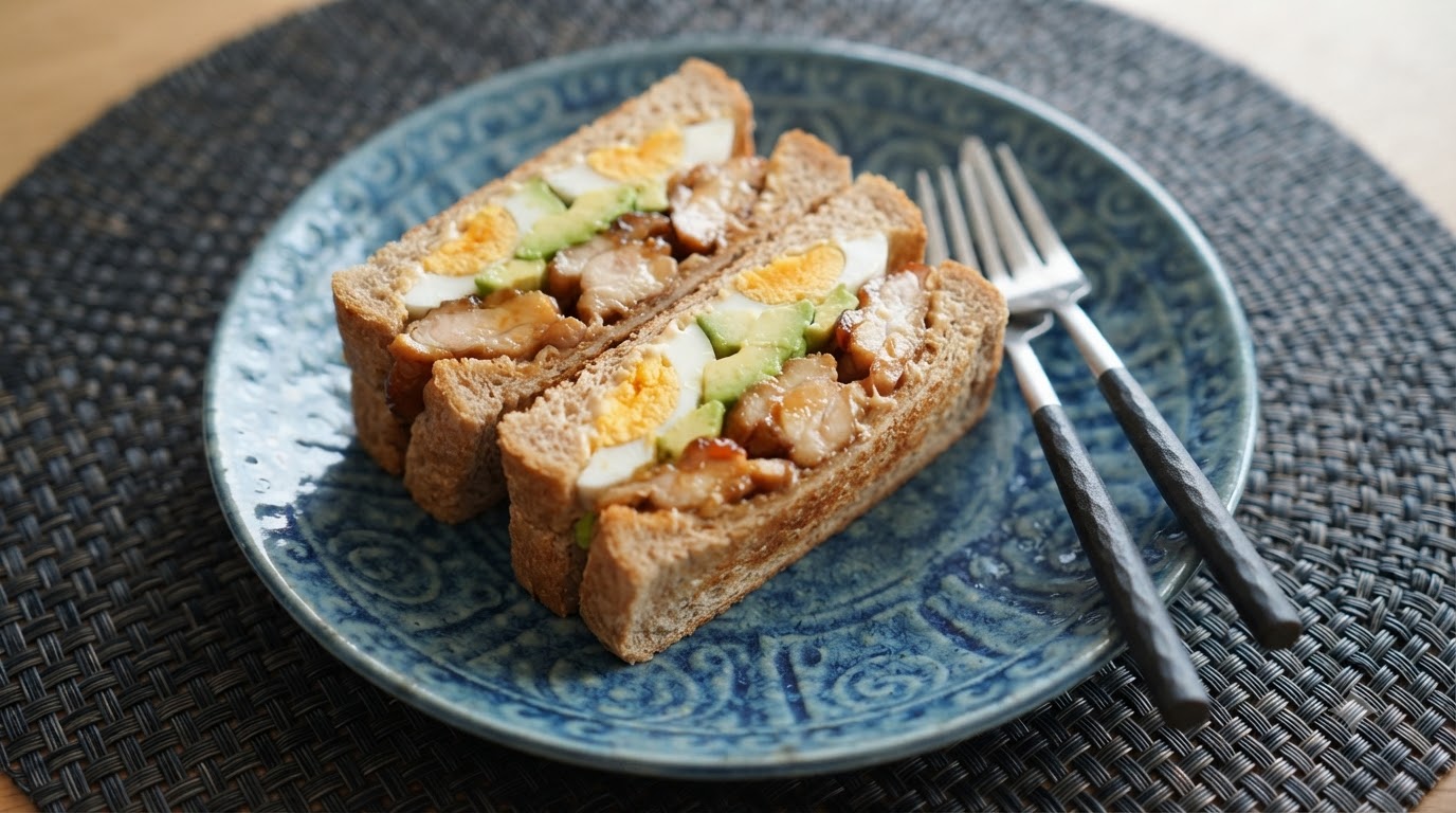 Kanapka z kurczakiem teriyaki, awokado i jajkiem