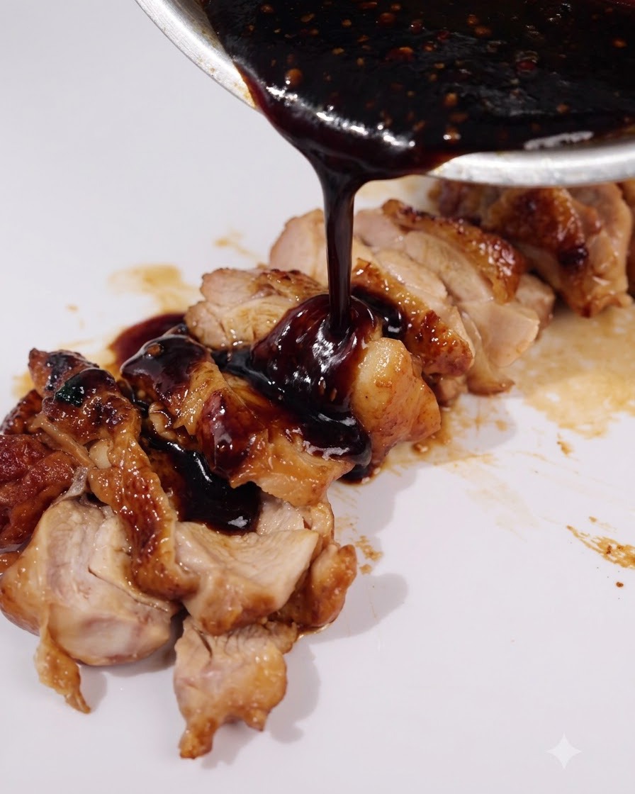 Ciemny sos teriyaki wylewany z patelni bezpośrednio na pokrojonego kurczaka.