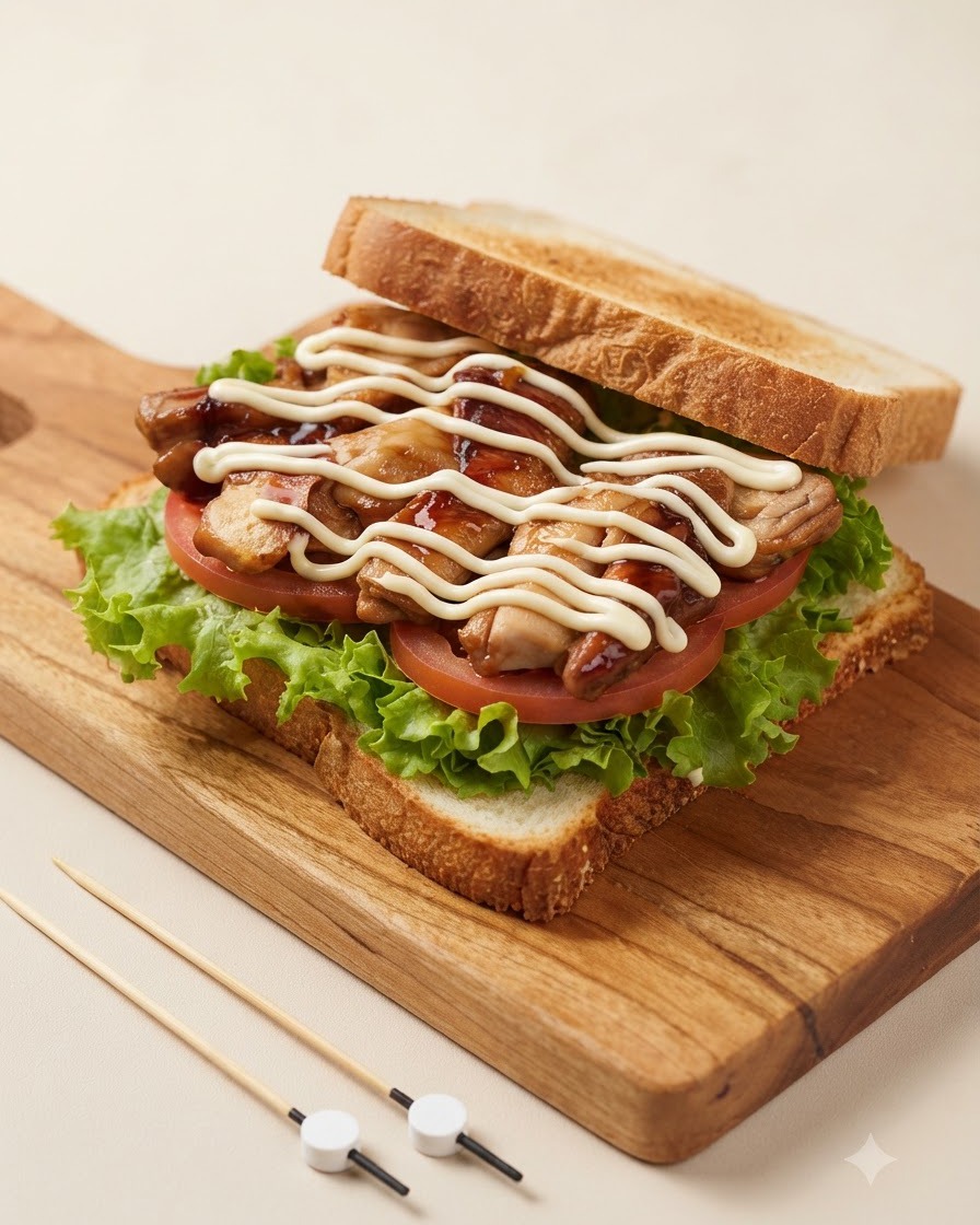 Zbliżenie na warstwę kanapki z zygzakiem majonezu na glazurowanym kurczaku teriyaki.