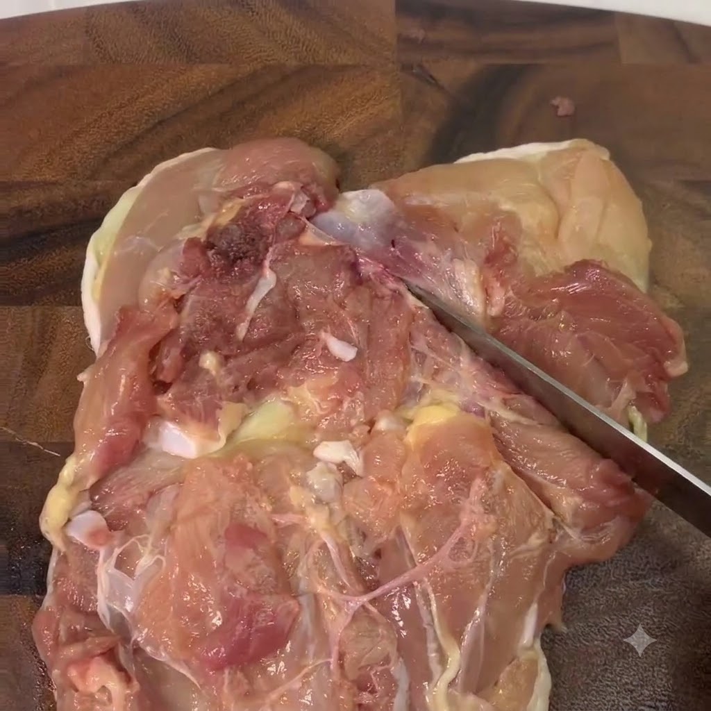 Zbliżenie na nacinane nożem na drewnianej desce wyluzowane udko z kurczaka.