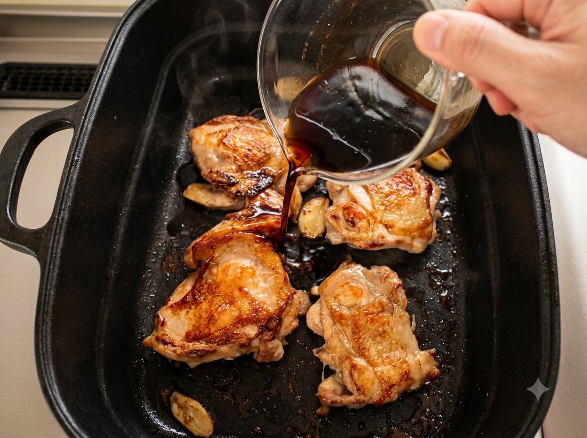 Ręka wlewająca ciemny, gęsty sos teriyaki ze szklanej miski na złociste, podsmażone udka na czarnej patelni.