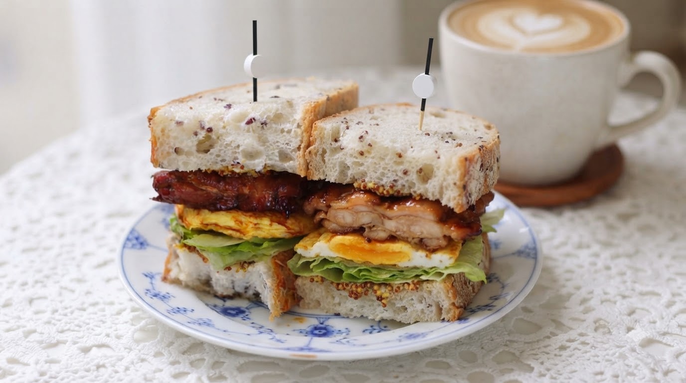 Przekrojona na pół kanapka z kurczakiem teriyaki z warstwami glazurowanego mięsa, sadzonym jajkiem i sałatą, podana na wzorzystym talerzu obok kawy lattecite: 1.