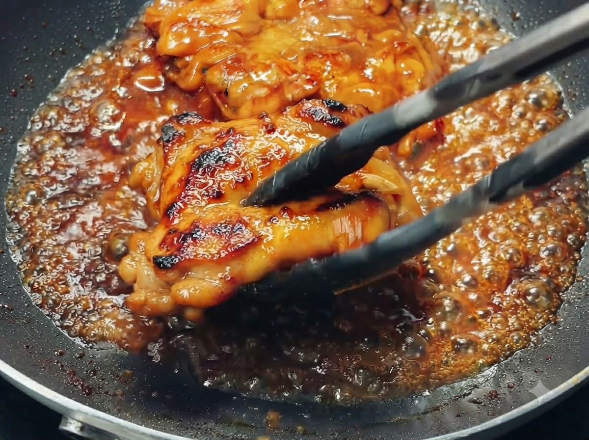 Szypułki odwracające glazurujące się udko z kurczaka na patelni wypełnionej bulgoczącym brązowym sosem teriyaki.