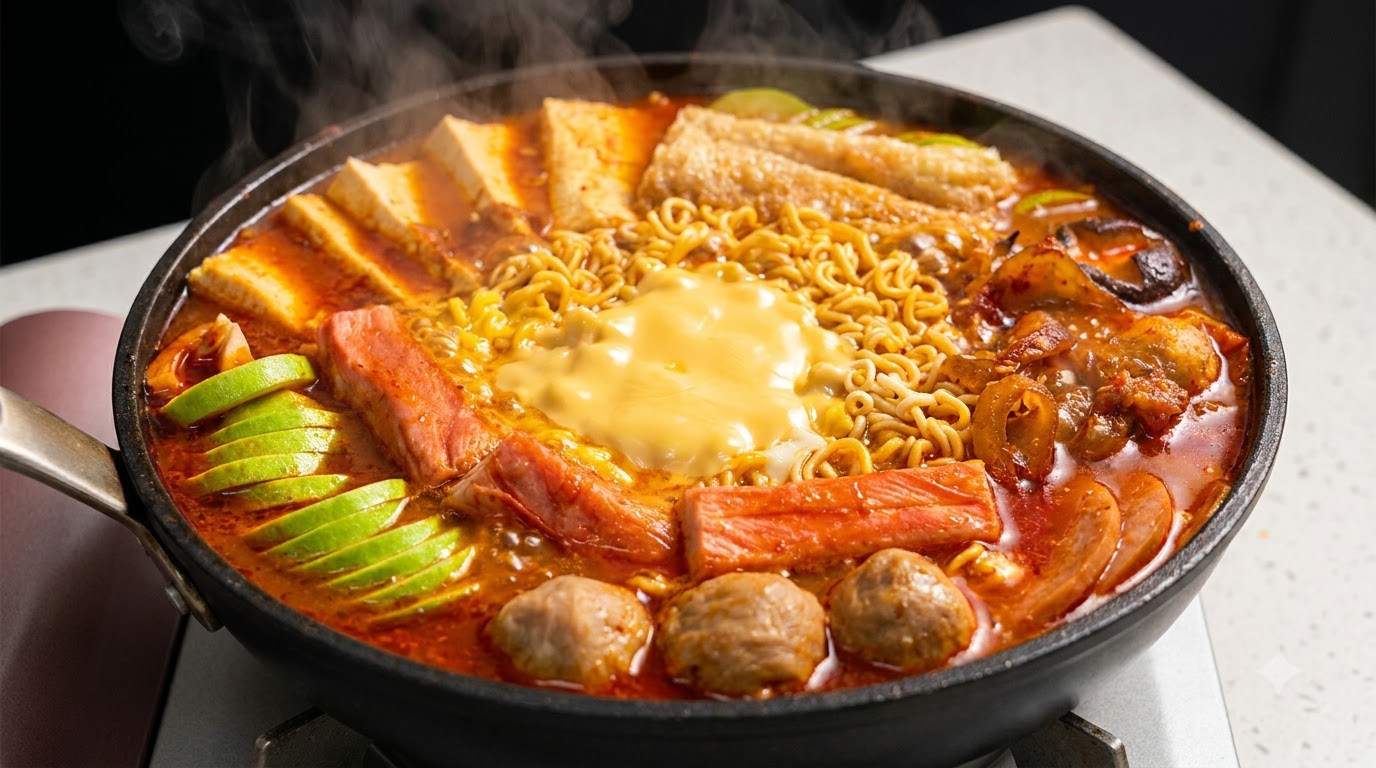 Bulgoczący garnek koreańskiego gulaszu wojskowego wypełnionego makaronem ramen, stopionym serem, spamem, tofu i bogatym, pikantnym bulionem.