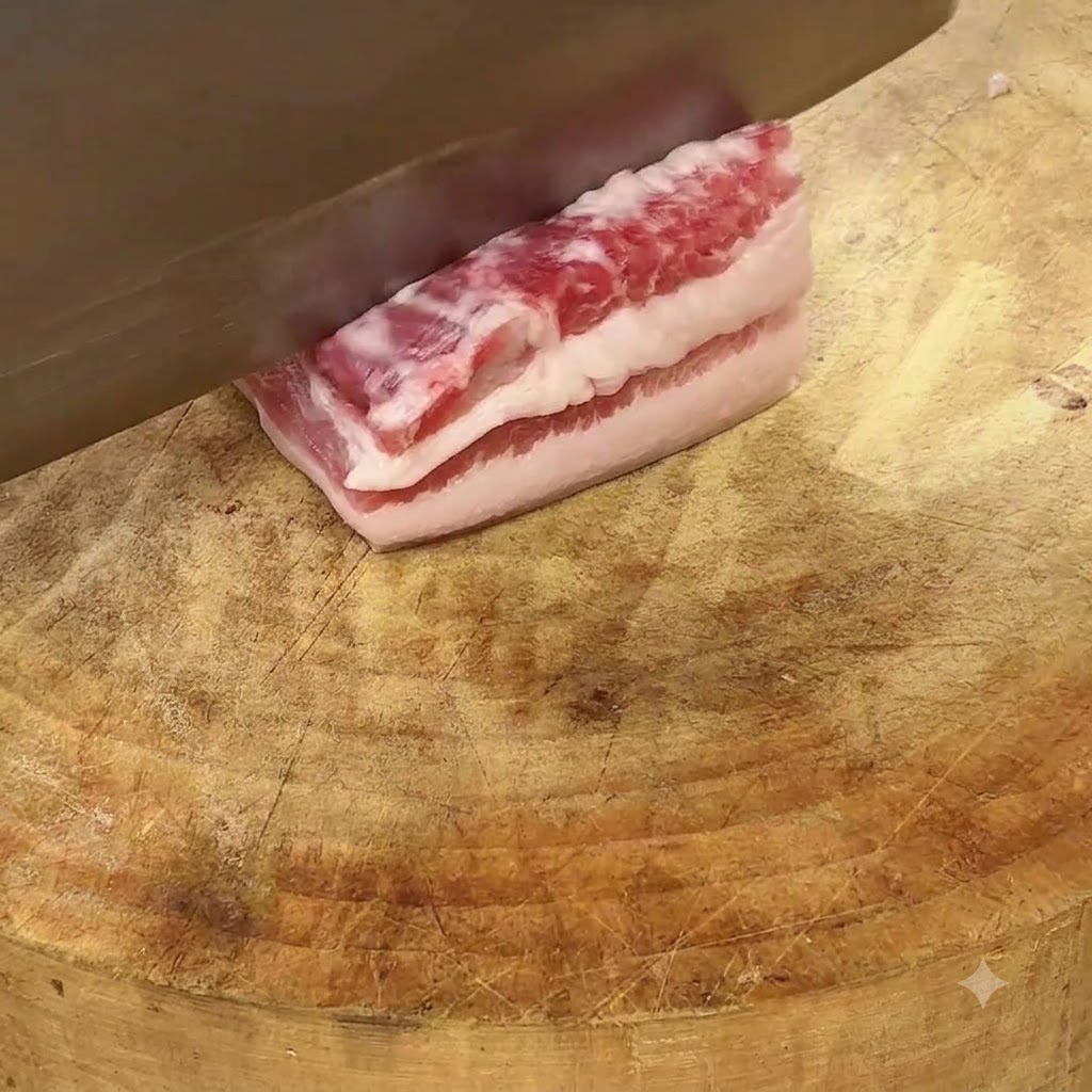 Ostry tasak krojący surowy boczek na równe porcje na zużytej, drewnianej desce.
