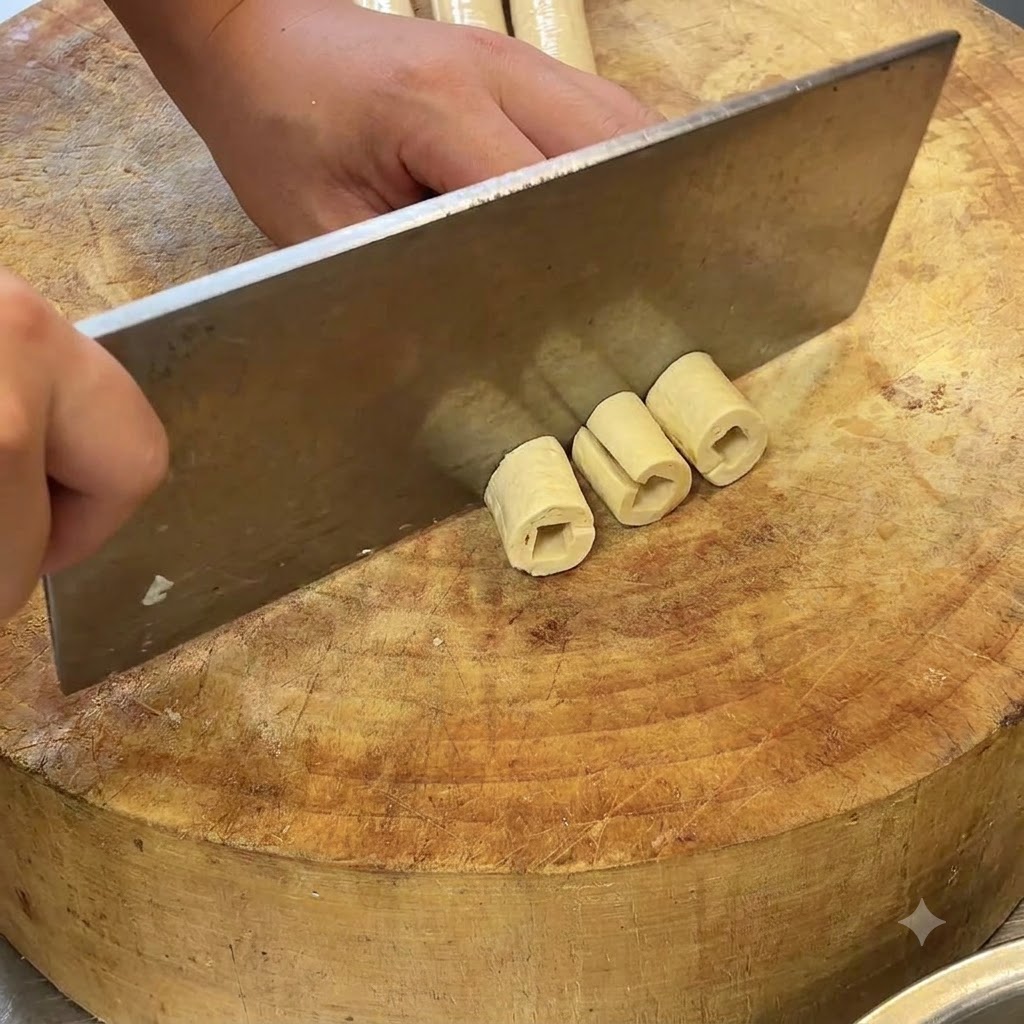 Tasak kuchenny przecinający cylindryczne, namoczone roladki ze skóry tofu na desce do krojenia.