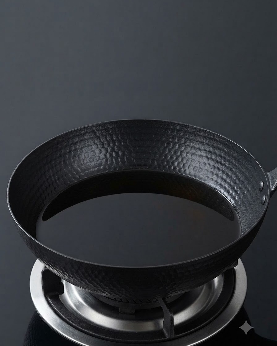 Czarny wok z gorącym olejem na kuchence indukcyjnej.