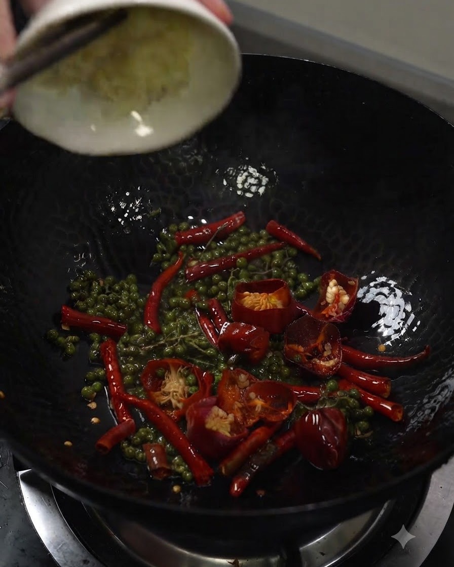 Rozgnieciony czosnek dodawany z małej miseczki do woka z zielonym pieprzem i chili.