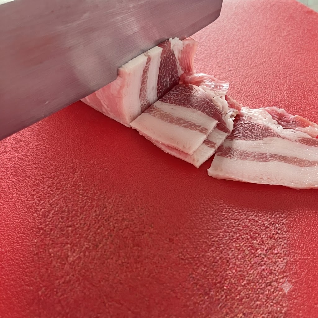 Boczek wieprzowy pokrojony w równe paski o szerokości 1,5 centymetra na czerwonej desce do krojenia.