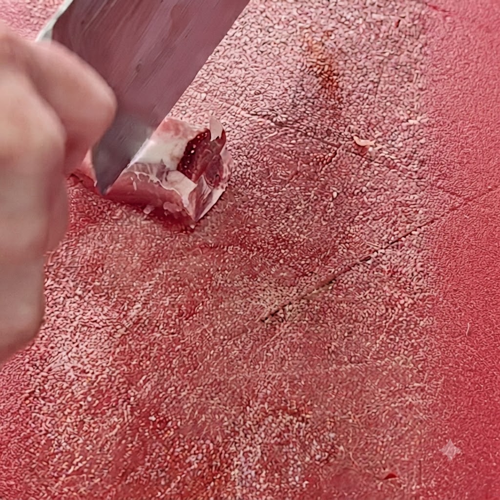 Nóż kuchenny siekający żeberka wieprzowe na małe kawałki na czerwonej powierzchni do krojenia.