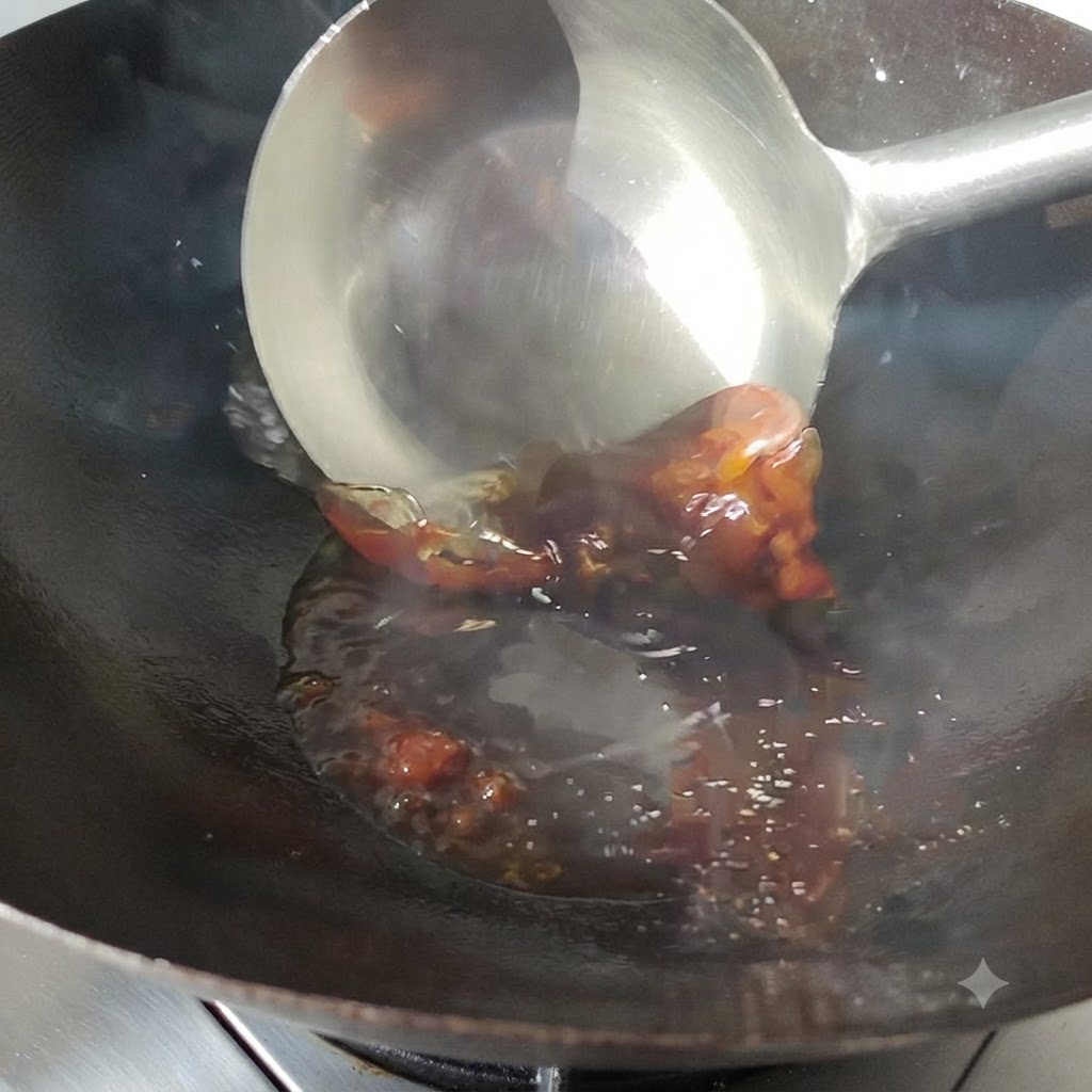 Pasta z bobu skwiercząca w gorącym oleju w woku, mieszana metalową chochlą.