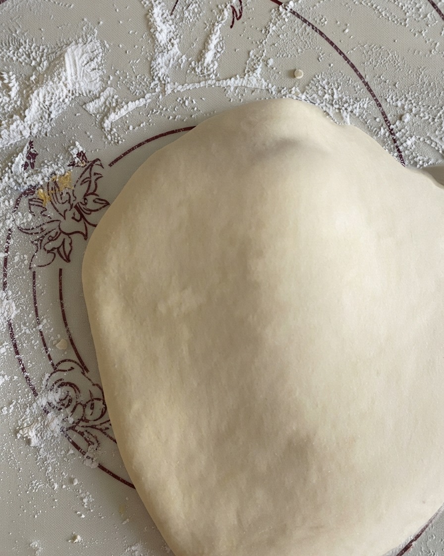 Rozciągnięte, okrągłe ciasto na pizzę leżące na posypanej mąką silikonowej macie.