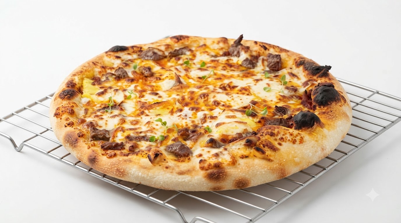 Świeżo upieczona pizza z wołowiną i ananasem na kratce do studzenia, z chrupiącymi bąblami i roztopionym serem.