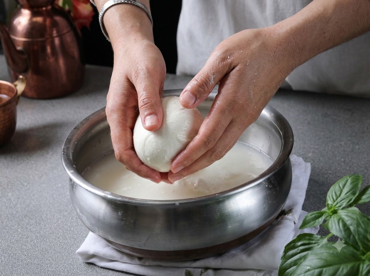Ręce formujące gładką kulę świeżego sera mozzarella zanurzonego w metalowej misce z wodą.