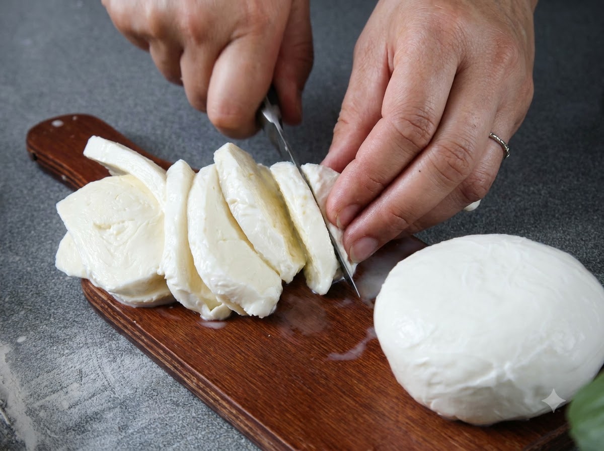 Nóż krojący kulę świeżego sera mozzarella na drewnianej desce do krojenia, z kilkoma już pokrojonymi plasterkami.