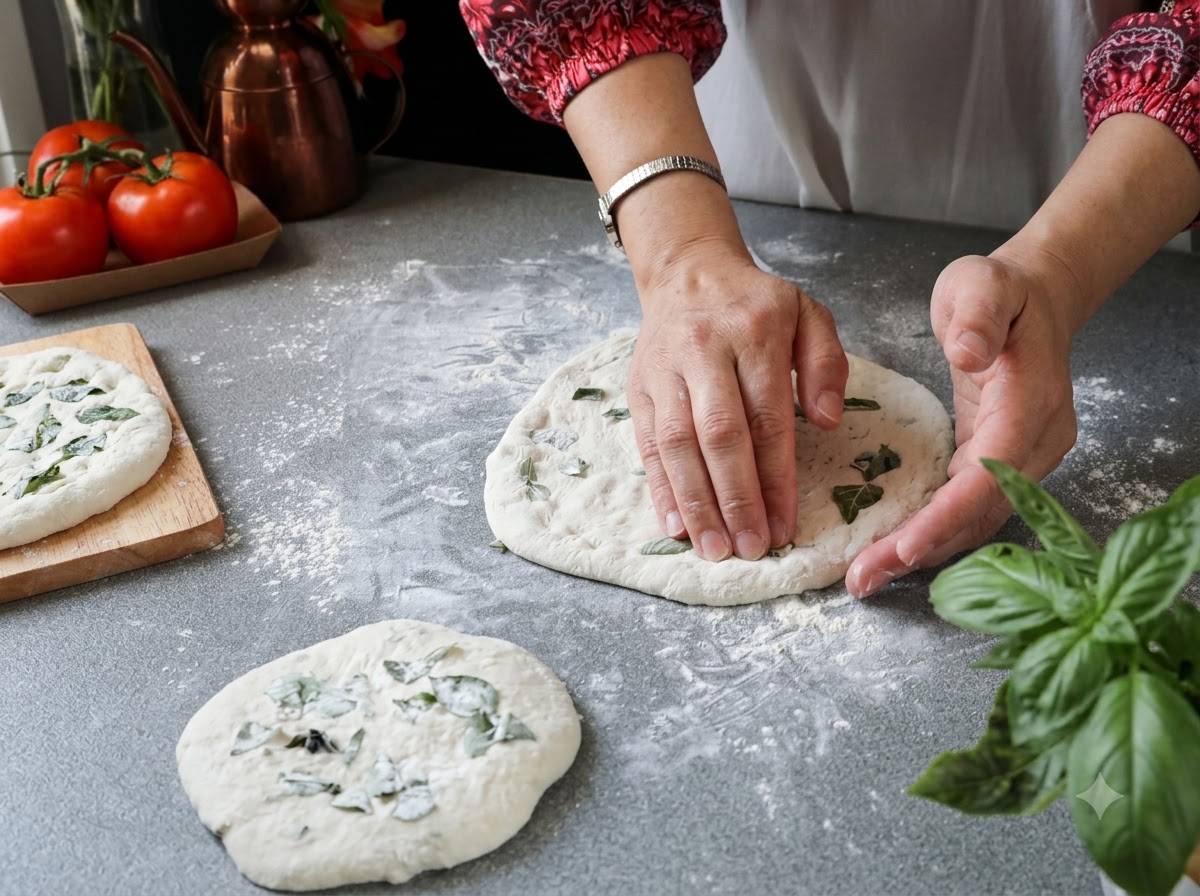 Ręce rozciągające okrągły krążek ciasta do pizzy na opruszonej mąką powierzchni otoczonej świeżymi liśćmi bazylii.