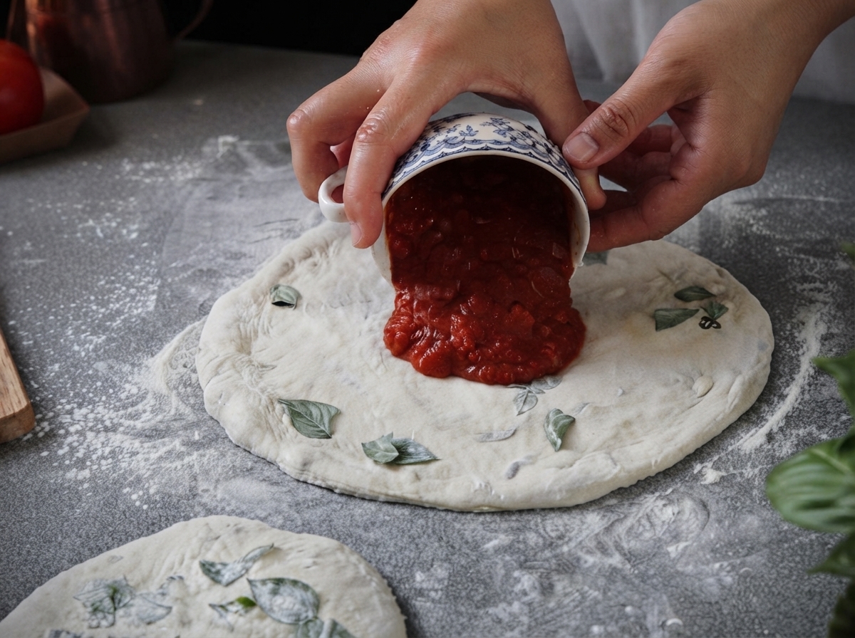 Gęsty czerwony sos pomidorowy opróżniany z małej wzorzystej miski na środek płaskiego ciasta do pizzy.