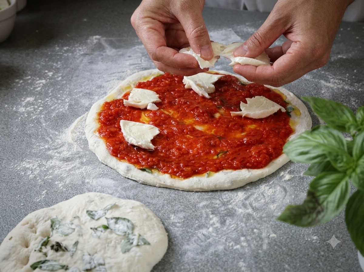 Ręce rwące i układające białe kawałki świeżego sera mozzarella na czerwonym sosie pomidorowym na surowym cieście do pizzy.