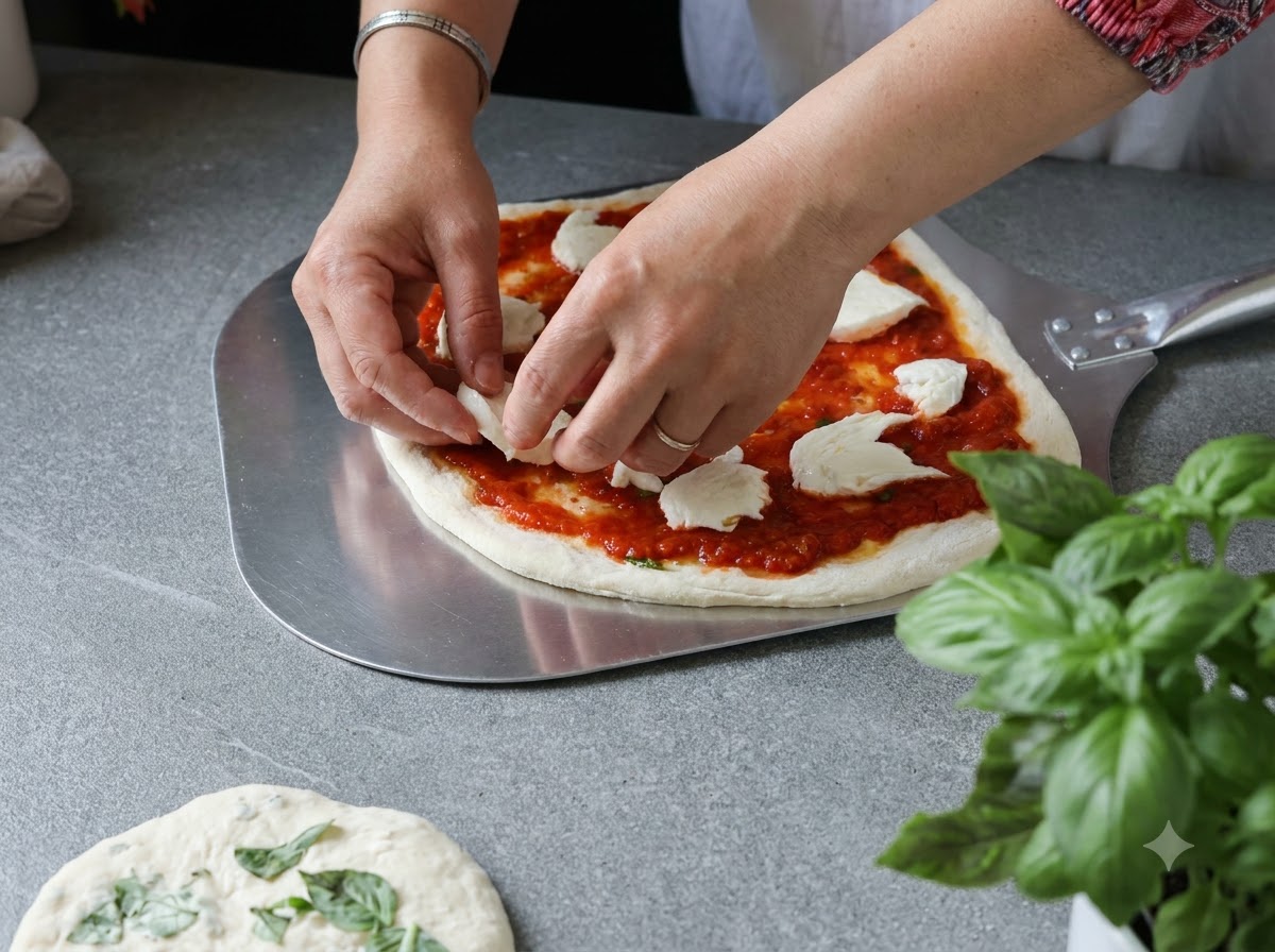 Ręce ustawiające przygotowaną surową pizzę na dużej metalowej łopacie na blacie kuchennym.