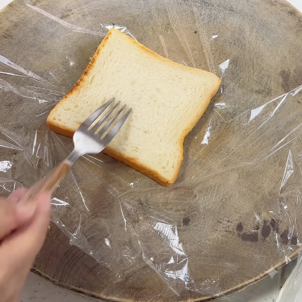 Dłoń rozprowadzająca ketchup widelcem po powierzchni opieczonego tosta na folii.