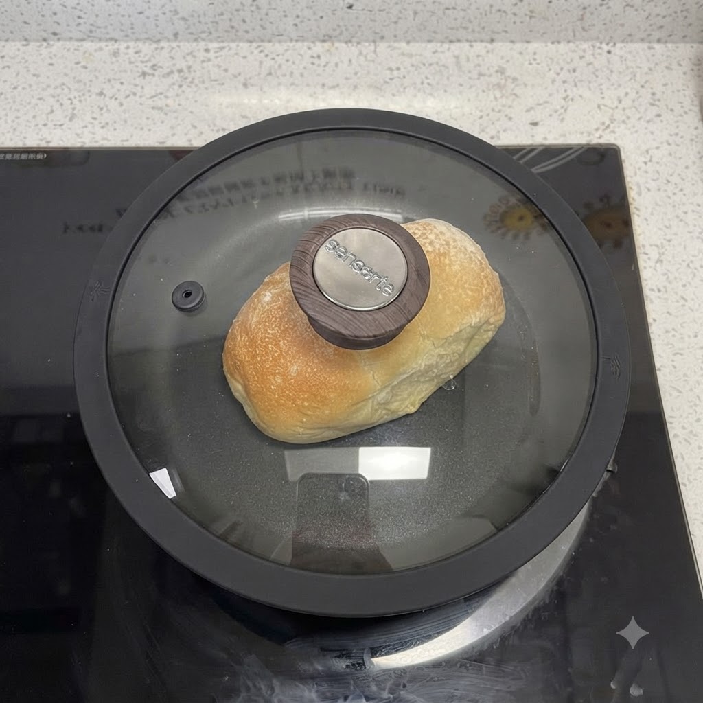 Szklana pokrywka zakrywająca patelnię na palniku kuchennym z rozmytym tłem.