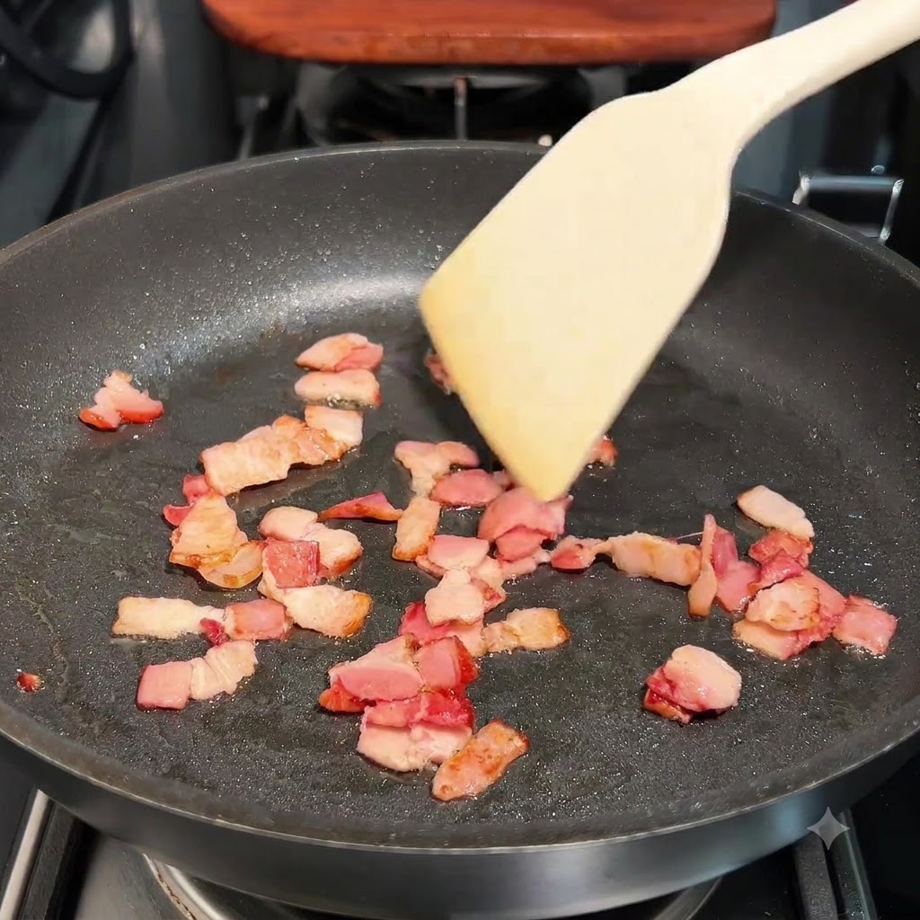 Małe kawałki boczku podsmażane na ciemnej patelni za pomocą drewnianej łopatki.