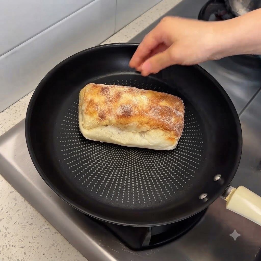 Chleb ciabatta spoczywający w czarnej patelni nieprzywierającej z dłonią dopasowującą pokrywkę.