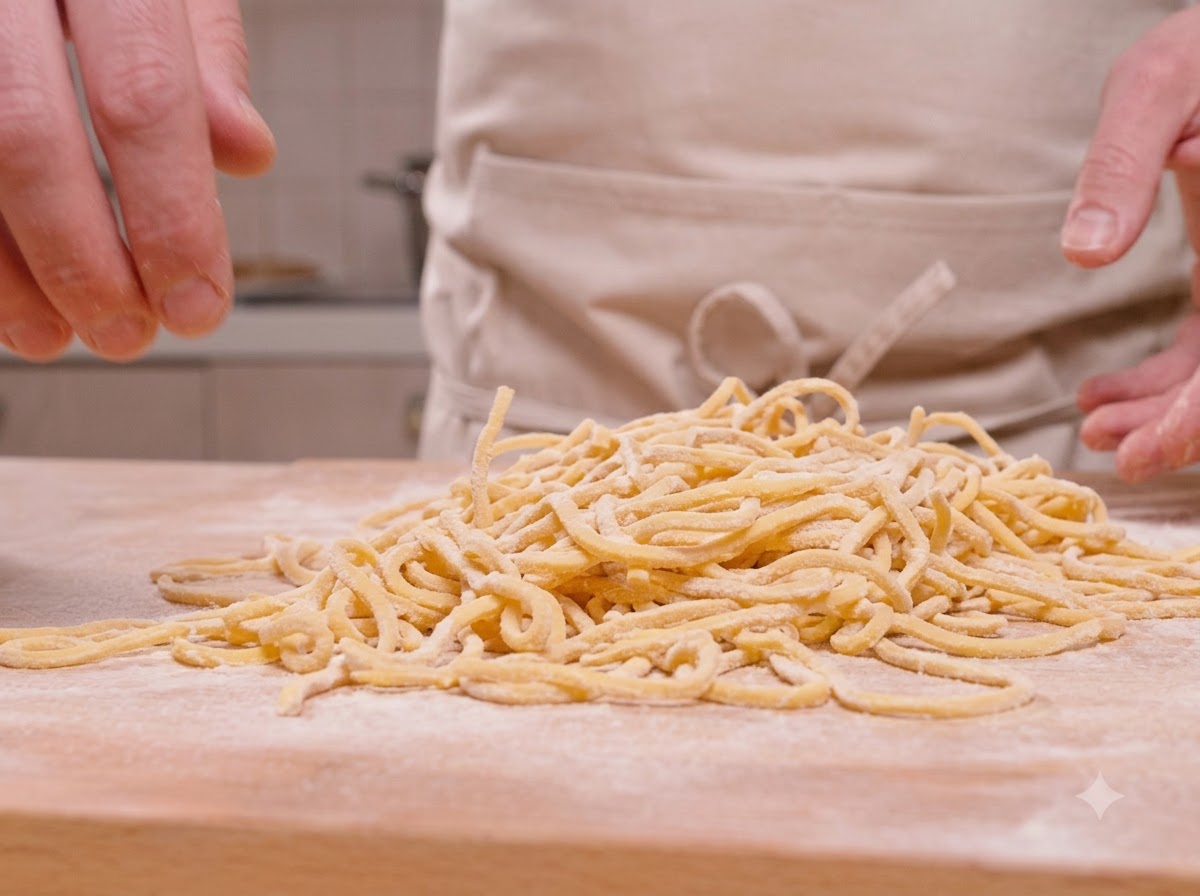 Świeżo pokrojone żółte nitki spaghetti ułożone w stos na drewnianej powierzchni.