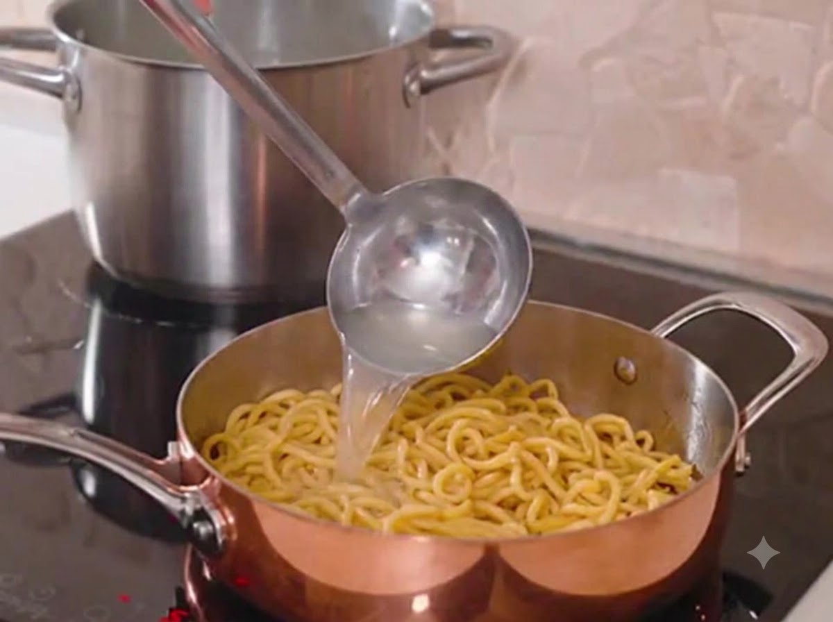 Metalowa chochla wlewająca skrobiową wodę z makaronu do lśniącej miedzianej patelni z ugotowanym spaghetti.