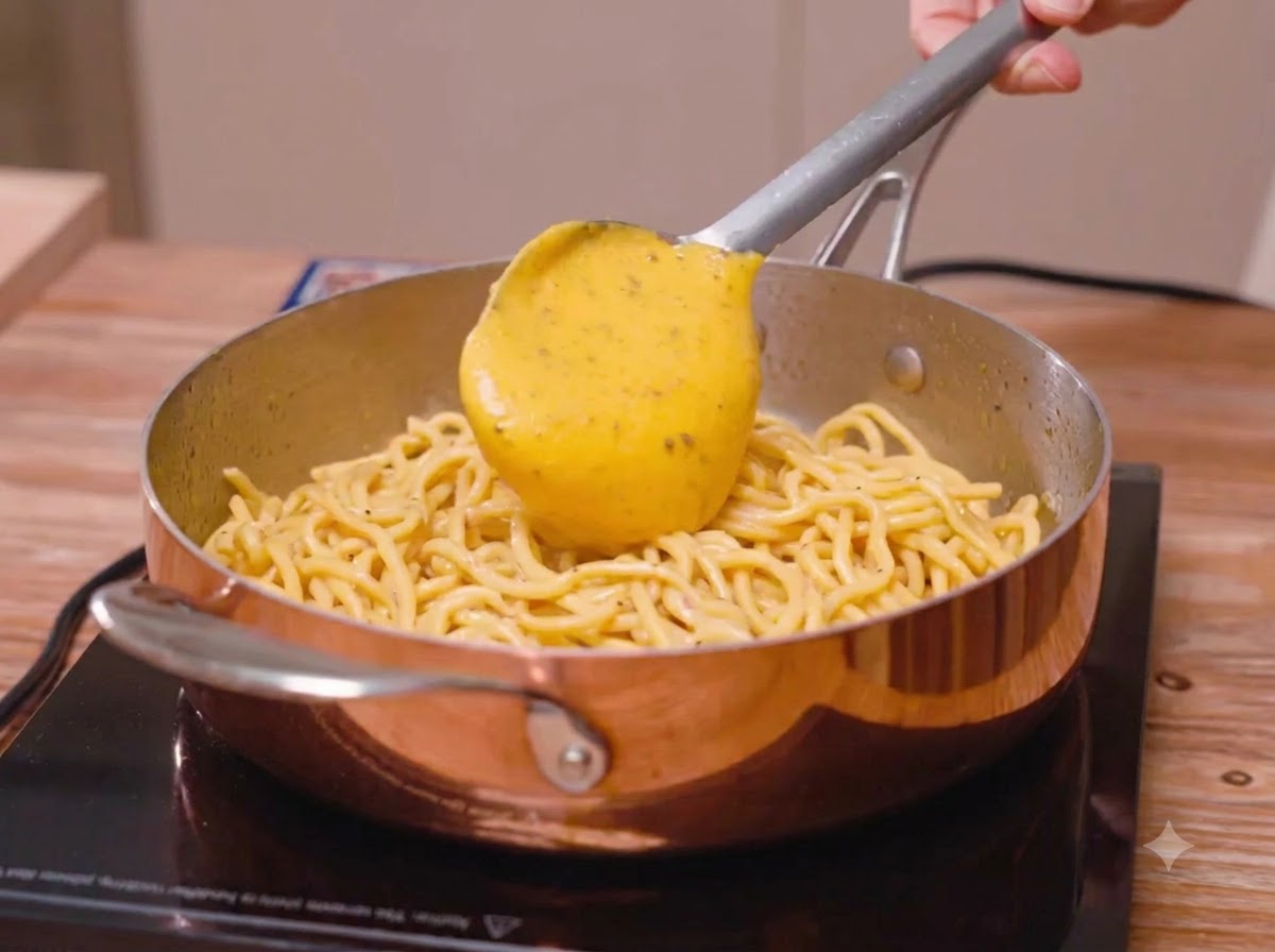 Łopatka zsuwająca gęsty żółty sos serowo-jajeczny na miedzianą patelnię ze spaghetti.