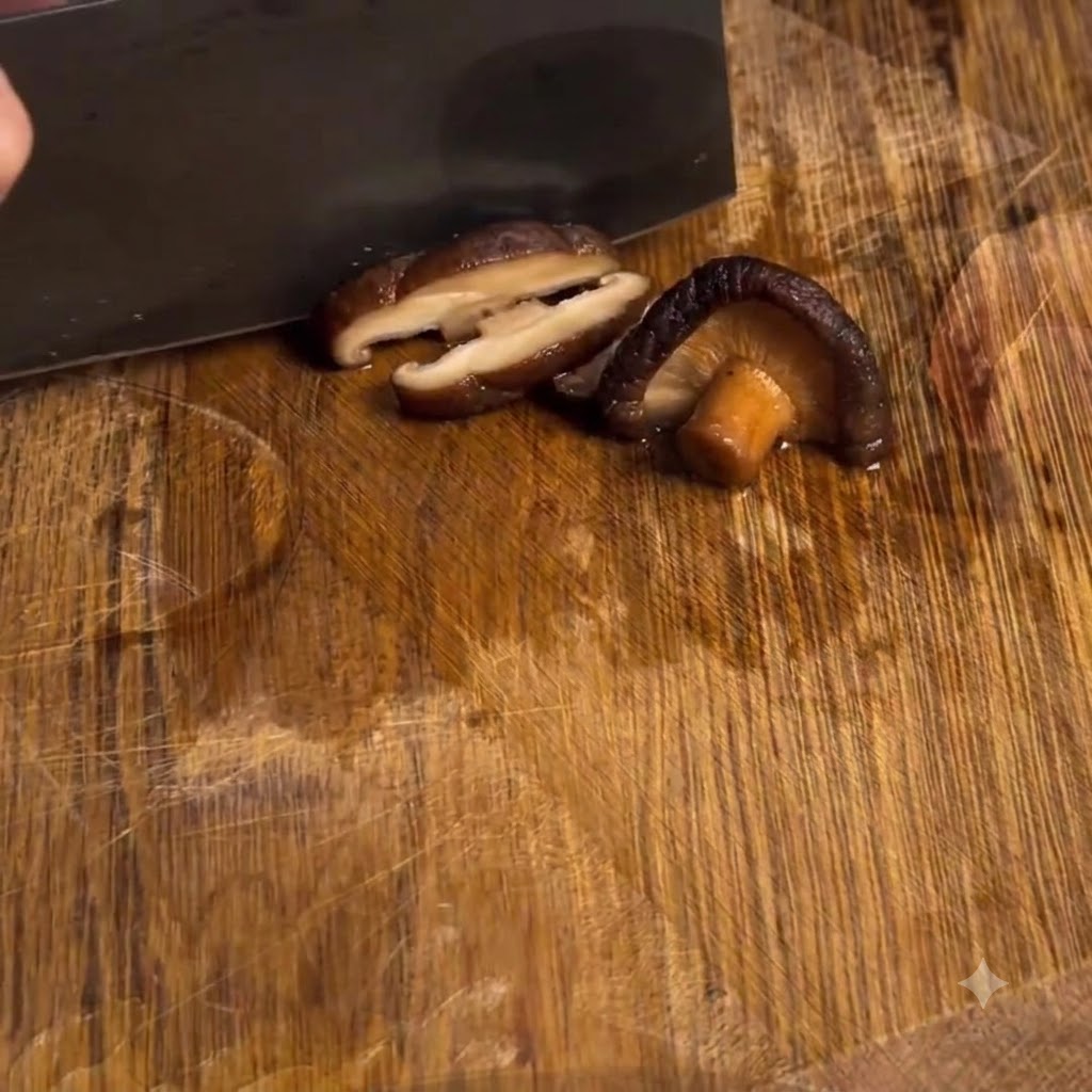 Grzyby shiitake krojone na mniejsze kawałki na drewnianej desce do krojenia.
