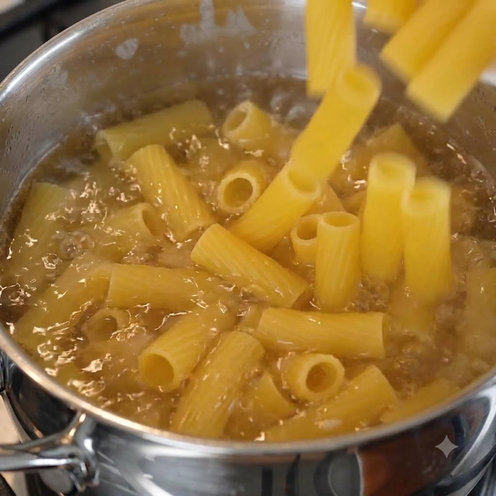 Kawałki makaronu rigatoni wpadające do bulgoczącego garnka z osoloną, wrzącą wodą.
