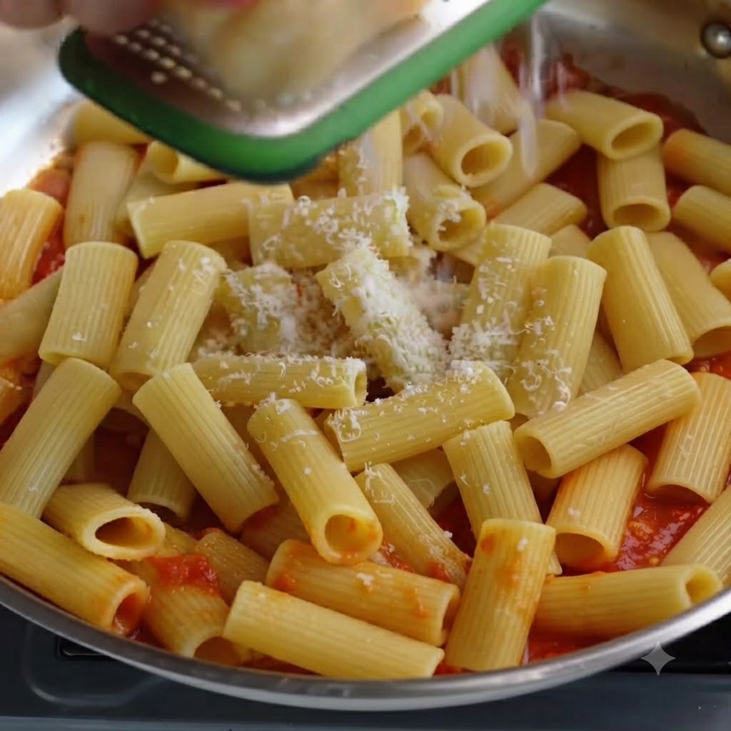 Ręczna tarka ścierająca ser Parmezan bezpośrednio nad makaronem rigatoni na patelni.