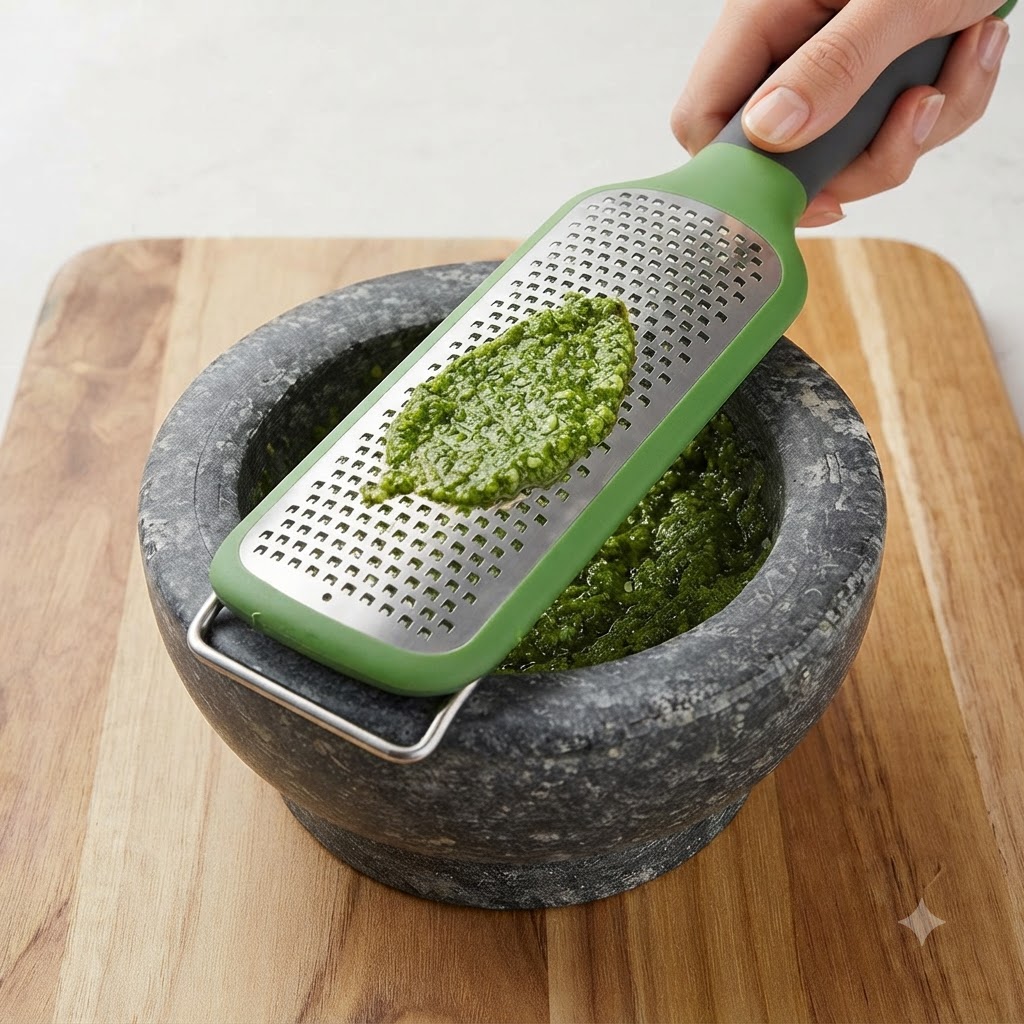 Ser Parmezan świeżo ścierany za pomocą zielonej tarki nad kamiennym moździerzem wypełnionym składnikami zielonego pesto.