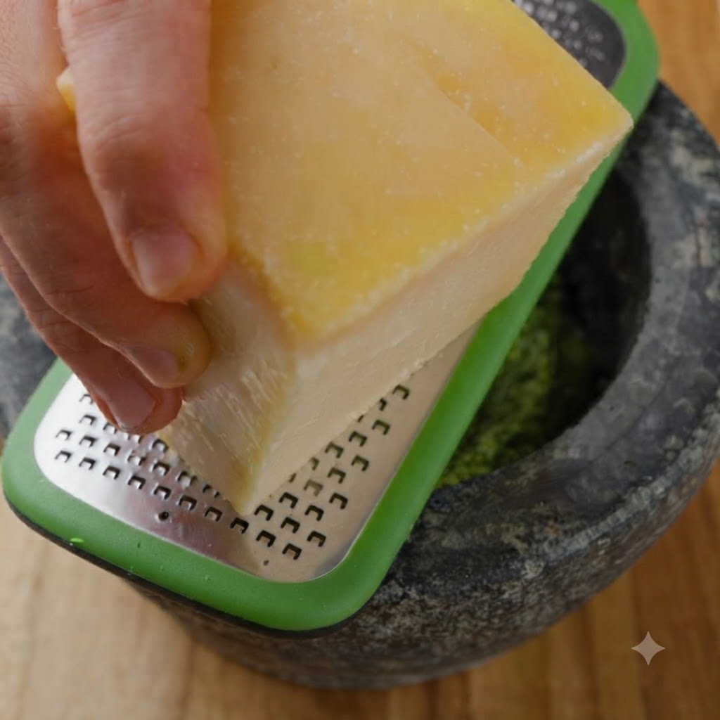 Oliwa z oliwek z pierwszego tłoczenia wlewana z dzióbka dozownika do kamiennego moździerza wypełnionego zieloną pastą pesto z tłuczkiem.