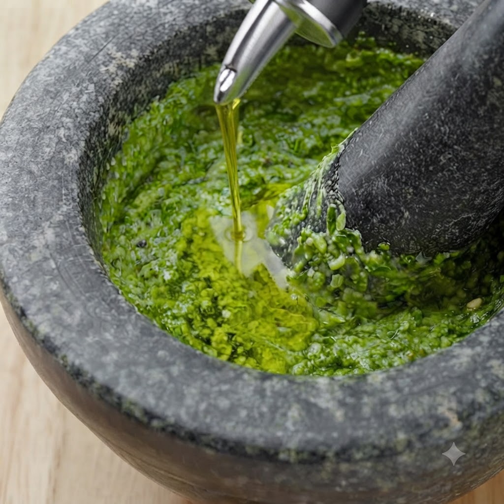Łyżka świeżego zielonego pesto wrzucana na patelnię z ugotowanym makaronem rigatoni wymieszanym z sosem pomidorowym.