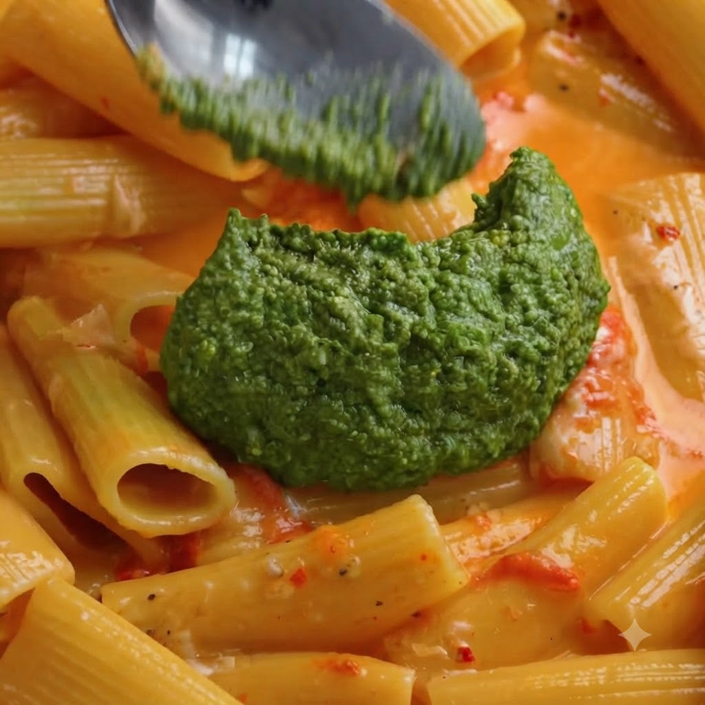 Makaron rigatoni i zielony sos pesto mieszane razem na dużej patelni za pomocą białej szpatułki.