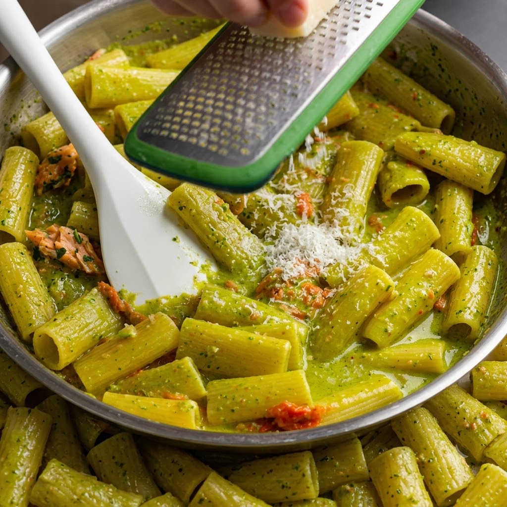 Świeży ser Parmezan ścierany z bloku nad patelnią gotowego pesto rigatoni.