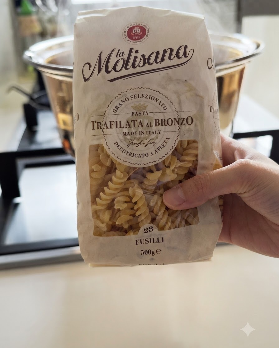 Suche nitki makaronu fusilli wrzucane do bulgoczącej wody w metalowym garnku.