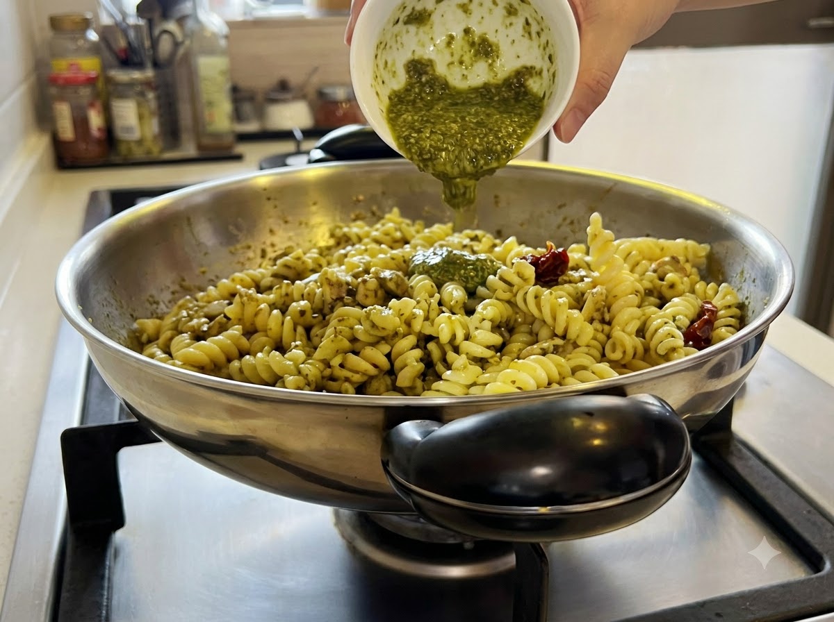 Suszone pomidory mieszane w woku wypełnionym makaronem i zielonym pesto.