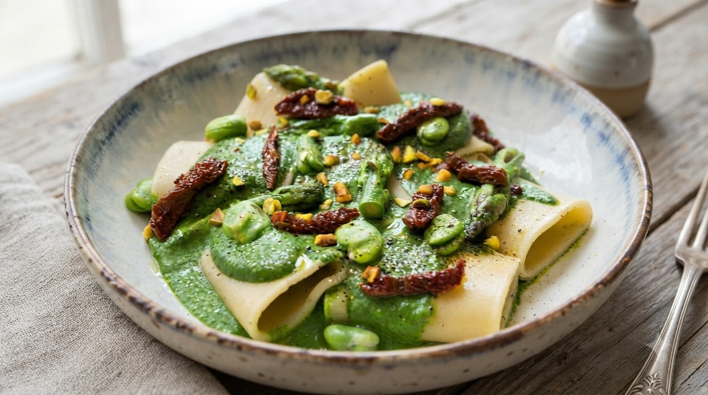 Wiosenny makaron paccheri z zielonym pesto