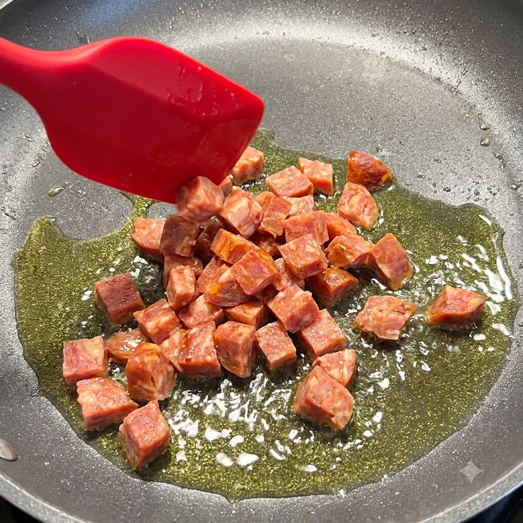 Kostki hiszpańskiego chorizo dodawane do gorącej patelni napełnionej oliwą z oliwek, poruszane czerwoną silikonową szpatułką.