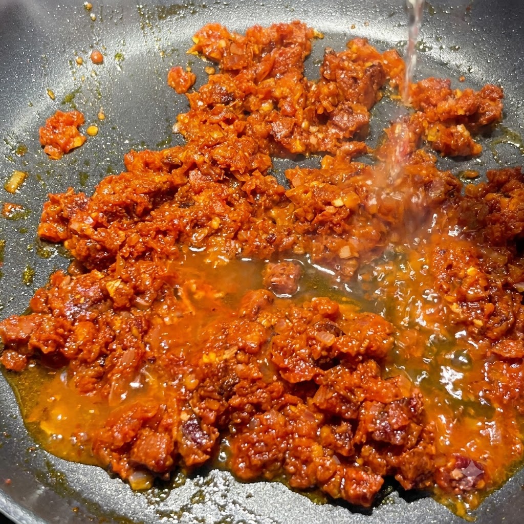 Białe wino nalewane od góry do bąbelkującego sosu pomidorowo-chorizo na patelni.