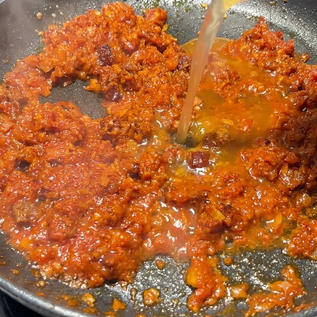 Bulion drobiowy wlewany do patelni z duszącym się sosem pomidorowo-chorizo.