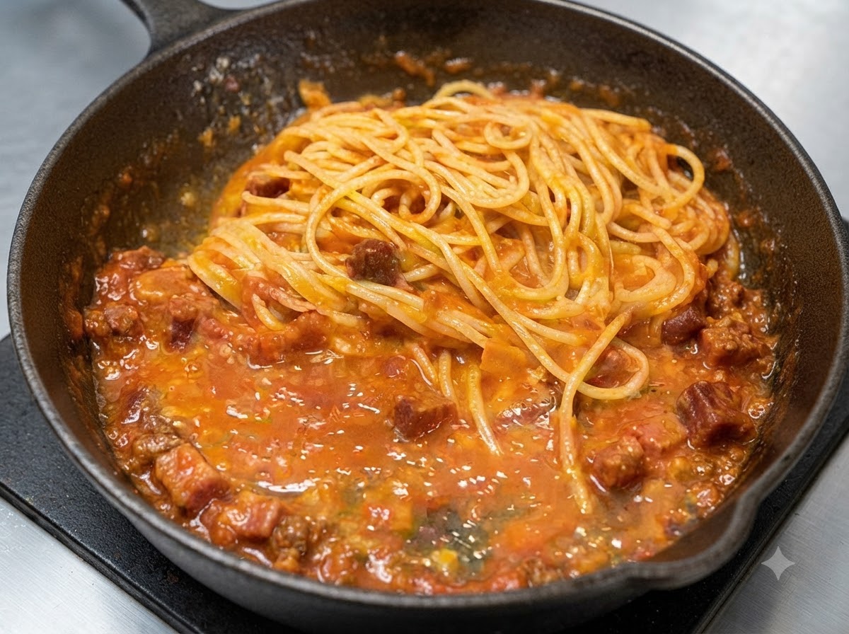 Mieszanina spaghetti i sosu na żeliwnej patelni doprawiana solą i czarnym pieprzem.