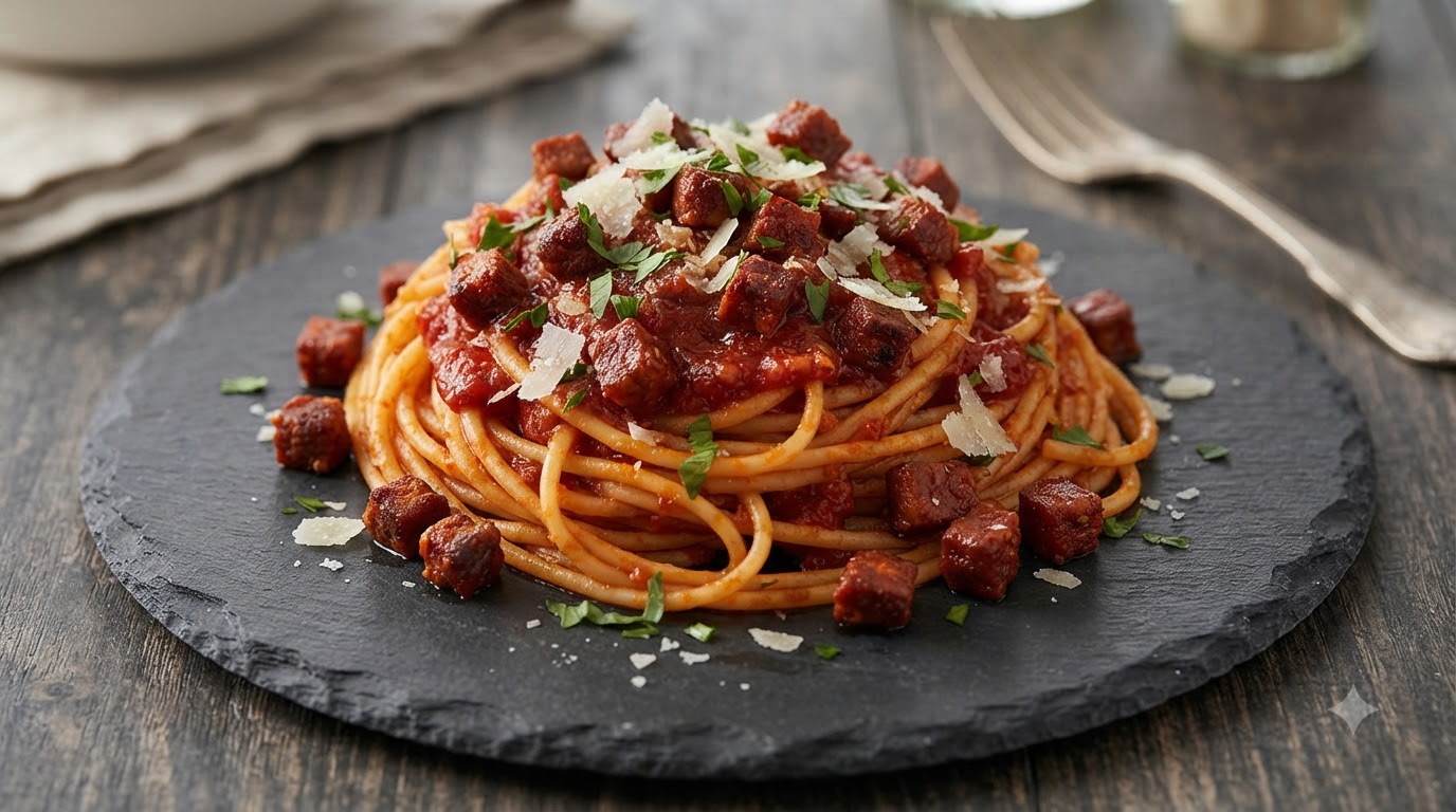Szybkie pikantne spaghetti z chorizo i suszonymi pomidorami