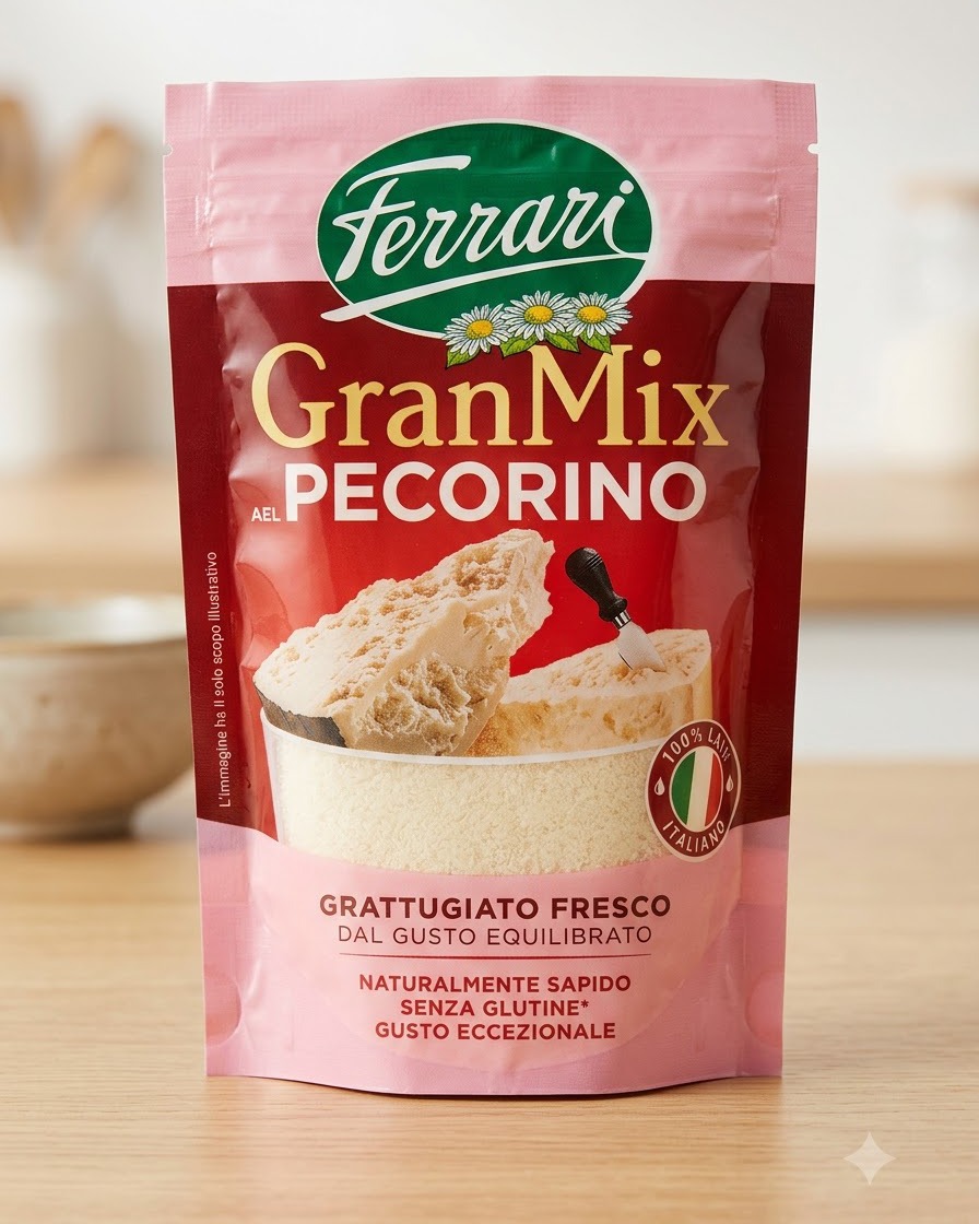 Różowe opakowanie sera Ferrari GranMix Pecorino stojące pionowo na drewnianym blacie kuchennym.